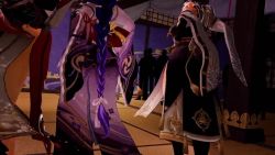 3d 3girls animated audible_music bengugu blue_hair braid breasts genshin_impact hands_on_own_hips high_heels indoors kujou_sara low-braided_long_hair low-tied_long_hair multiple_girls nipple_slip nipples panties pink_hair purple_hair raiden_shogun sound underwear video walking yae_miko