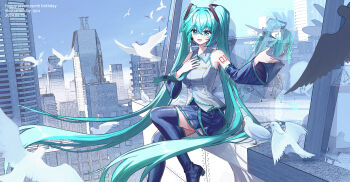 1girl aqua_eyes aqua_hair aqua_nails aqua_necktie aqua_trim arm_tattoo bird boots breasts collared_shirt detached_sleeves grey_shirt hair_between_eyes hair_ornament hand_on_own_chest happy_birthday hatsune_miku headset highres light_blush long_hair long_sleeves looking_at_viewer medium_breasts mimi32752579 necktie number_tattoo open_mouth outdoors shirt sitting smile solo structure tattoo thigh_boots twintails very_long_hair vocaloid wide_sleeves