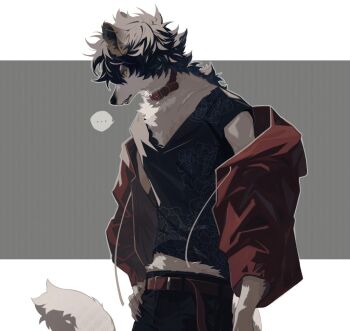 ... 1boy animal_collar black_hair black_shirt body_fur claws collar commentary cowboy_shot floral_print fuji_166 furry furry_male green_eyes grey_background grey_fur hand_on_own_hip jacket looking_to_the_side male_focus midriff_peek open_clothes open_jacket original red_jacket shirt sleeveless sleeveless_shirt solo spoken_ellipsis standing striped_background symbol-only_commentary tail wolf_boy