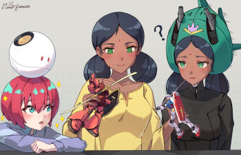 3girls ? amate_yuzuriha aqua_eyes black_hair dark-skinned_female dark_skin double_bun dress gelgoog_s_char_custom green_eyes gundam gundam_gquuuuuux hair_bun haro highres himeyamato holding indian lalah_sune long_hair long_sleeves multiple_girls non-humanoid_robot open_mouth red_hair robot rx-78-2_gundam short_hair simple_background smile spoken_question_mark yellow_dress