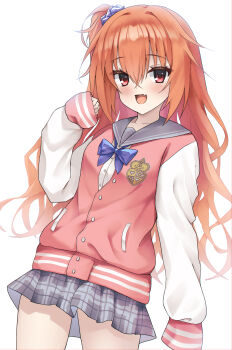1girl :d arm_at_side bloom blue_bow blue_bowtie blue_scrunchie blush bow bowtie commentary cowboy_shot crossed_bangs eyelashes eyes_visible_through_hair fang floating_hair glazearty grey_sailor_collar grey_skirt hair_between_eyes hair_ornament hair_scrunchie happy heart highres inaba_meguru jacket letterman_jacket long_hair looking_at_viewer miniskirt one_side_up open_mouth orange_hair pink_jacket plaid_clothes plaid_skirt pleated_skirt red_eyes sailor_collar sanoba_witch school_uniform scrunchie serafuku sidelocks simple_background skin_fang skirt sleeves_past_fingers sleeves_past_wrists smile solo very_long_hair wavy_hair white_background white_sleeves