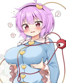 1girl blush breasts hairband highres komeiji_satori large_breasts pink_eyes shirt short_hair solo suwa_yasai third_eye touhou