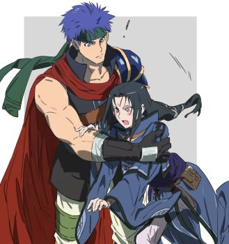 ! 2boys armor black_hair blue_eyes blue_hair cape commentary_request commission facial_mark fire_emblem fire_emblem:_radiant_dawn forehead_mark green_headband headband highres ike_(fire_emblem) jutu long_hair male_focus multiple_boys nintendo open_mouth pauldrons red_cape second-party_source short_hair shoulder_armor single_pauldron soren_(fire_emblem) tripping wide_sleeves