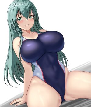 1girl aqua_eyes aqua_hair arm_support bare_arms black_one-piece_swimsuit blush breasts collarbone commentary_request competition_swimsuit covered_navel grin hair_between_eyes highres kantai_collection large_breasts long_hair looking_at_viewer montemasa one-piece_swimsuit simple_background sitting smile solo suzuya_(kancolle) swimsuit thighs two-tone_one-piece_swimsuit white_background white_one-piece_swimsuit