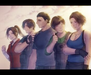 2girls 3girls absurdres bare_shoulders beard_stubble black_border black_gloves black_hair black_pants black_shirt blue_tank_top border breasts brown_hair bulletproof_vest chris_redfield claire_redfield cleavage closed_eyes closed_mouth cloud cloudy_sky commentary_request dbox_2525 facial_hair fingerless_gloves gloves green_shirt hand_on_own_shoulder highres jewelry jill_valentine leon_s._kennedy light_smile looking_at_another medium_breasts multiple_girls necklace pants parted_bangs ponytail red_vest resident_evil resident_evil:_death_island resident_evil_1 resident_evil_2 shirt short_hair sky stubble swept_bangs tank_top thumbs_up upper_body vest