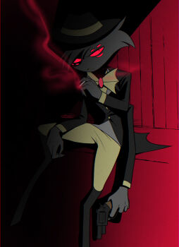 1boy absurdres against_wall arackniss black_coat black_hat bow bowtie brooch buttons chromatic_aberration cigarette clenched_teeth coat colored_sclera commentary_request extra_arms extra_eyes fedora fewer_digits film_grain full_body grey_fur gun hand_up hat hazbin_hotel hellaverse high_contrast highres holding holding_cigarette holding_gun holding_weapon jewelry long_sleeves looking_at_viewer male_focus menma_(enaic31) pants red_background red_eyes red_sclera signature simple_background sitting smoke solo spread_legs teeth traditional_bowtie v-shaped_eyebrows weapon white_bow white_bowtie white_pants