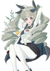 Rule 34 | 1girl, absurdres, anchovy (girls und panzer), anzio school uniform, arms up, artist request, ass, belt, belt buckle, black cape, black necktie, black ribbon, blue skirt, blush, breasts, brown belt, brown eyes, buckle, cape, collared shirt, curvy, drill hair, flower, girls und panzer, green hair, grin, hair ribbon, highres, long hair, looking at viewer, necktie, open mouth, pleated skirt, ribbon, riding crop, ringlets, school uniform, shirt, simple background, skirt, smile, solo, twintails, very long hair, white background, white shirt, wide hips