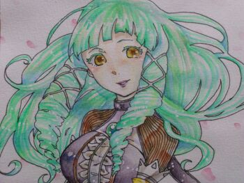 Rule 34 | 1girl, artist request, dress, emeraude (tales of graces), green hair, hair ornament, highres, long hair, smile, tales of (series), tales of graces, traditional media, yellow eyes