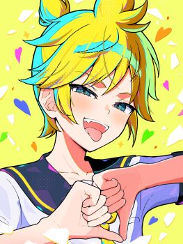 1boy :d ben-day_dots black_sailor_collar blonde_hair blue_eyes blush breast_pocket collarbone colorful commentary double_thumbs_down fangs half-closed_eyes hands_up heart heart_hands highres kagamine_len looking_at_viewer male_focus neckerchief open_mouth pocket ponytail sailor_collar screentones shirt short_hair short_ponytail short_sleeves simple_background smile solo spiked_hair swept_bangs symbol-only_commentary teeth thumbs_down thumbs_down_heart_hands tongue tongue_out upper_body uzuki_sena very_short_hair vocaloid white_shirt yellow_neckerchief