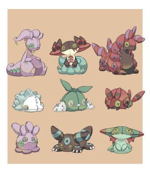 absurdres button_eyes buttons claws dragapult dreepy gen_2_pokemon gen_5_pokemon gen_6_pokemon gen_8_pokemon goodra goomy highres looking_at_viewer nintendo no_humans pokemon pokemon_(creature) scolipede simple_background snom stitches stuffed_toy torori_toro_(oimo_kenpi) trubbish umbreon venipede