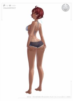 1girl alexa_(xenoblade_x) artist_logo ass barefoot bikini bikini_top_only breasts butt_crack commentary crazzeffect cutoffs dark-skinned_female dark_skin english_commentary from_behind full_body highres logo looking_back medium_breasts micro_shorts one_eye_closed orange_eyes red_hair shorts simple_background smile solo standing striped_bikini striped_clothes swimsuit white_background xenoblade_chronicles_(series) xenoblade_chronicles_x