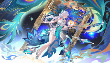 Rule 34 | 1girl, absurdres, aqua dress, aqua nails, bare shoulders, bracelet, bridal gauntlets, chinese commentary, closed eyes, closed mouth, commentary request, dress, full body, hair between eyes, hand up, high heels, highres, honkai: star rail, honkai (series), jewelry, leleyoukuailele, long hair, peacock feathers hair ornament, shoes, single bridal gauntlet, sleeveless, sleeveless dress, smile, solo, two-tone dress, very long hair, white bridal gauntlets, white dress, white hair, yao guang (honkai: star rail)