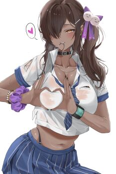 1girl absurdres bangle biting blue_necktie blue_skirt blush bow bracelet breasts brown_hair choker cleavage collarbone dark-skinned_female dark_skin goddess_of_victory:_nikke grin hair_bow hair_over_one_eye heart-shaped_boob_challenge highres jewelry large_breasts long_hair looking_at_viewer midriff miz_blank naga_(nikke) navel necklace necktie purple_bow scrunchie see-through_clothes see-through_shirt shirt side_ponytail skirt smile solo white_shirt wrist_scrunchie wristband yellow_eyes