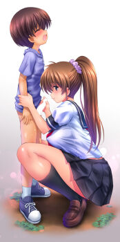 1boy 1girl age_difference black_skirt black_socks blank_censor blue_sailor_collar blurry bokeh breasts brown_hair brown_shoes censored closed_eyes closed_mouth commentary_request covered_erect_nipples depth_of_field full_body gradient_background hair_pulled_back handjob hetero highres kamogawa_tanuki kneehighs large_breasts light_smile loafers long_hair looking_at_penis miniskirt onee-shota original paid_reward_available penis pleated_skirt ponytail purple_scrunchie sailor_collar school_uniform scrunchie serafuku shirt shoes shota simple_background skirt small_penis socks squatting tan thick_thighs thighs white_shirt