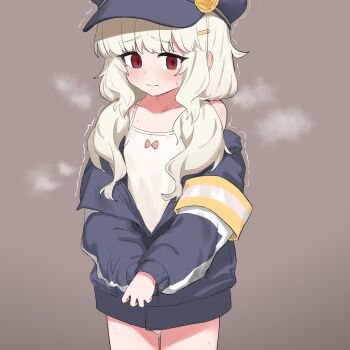 1girl absurdres aoba_(blue_archive) armband black_hat black_jacket blue_archive blush bow_camisole brown_background camisole closed_mouth cowboy_shot hat highres jacket loli long_hair long_sleeves makura_u9b off_shoulder red_eyes simple_background solo tearing_up trembling white_camisole yellow_armband