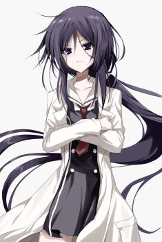 1girl absurdres black_dress black_eyes black_hair black_shirt black_skirt chaos;child closed_mouth coat cowboy_shot crossed_arms dress eyes_visible_through_hair floating_hair frown hair_between_eyes hekiho_academy_school_uniform highres kasukasugom1 kunosato_mio lab_coat long_hair long_sleeves looking_at_viewer low_ponytail messy_hair necktie open_clothes open_coat parted_bangs ponytail red_necktie sailor_collar sailor_shirt school_uniform science_adventure shirt sidelocks simple_background skirt solo tsurime very_long_hair white_background white_sailor_collar