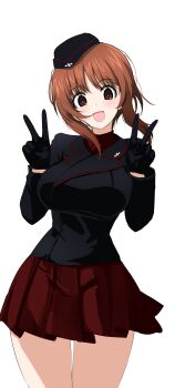 Rule 34 | 1girl, :d, absurdres, aikir (jml5160), black gloves, black jacket, blush, breasts, brown eyes, brown hair, commentary, cowboy shot, double v, garrison cap, girls und panzer, gloves, hat, highres, jacket, kuromorimine military uniform, large breasts, long sleeves, looking at viewer, military, military uniform, miniskirt, nishizumi miho, open mouth, pleated skirt, red shirt, red skirt, shirt, short hair, sidelocks, simple background, skirt, smile, solo, standing, v, white background