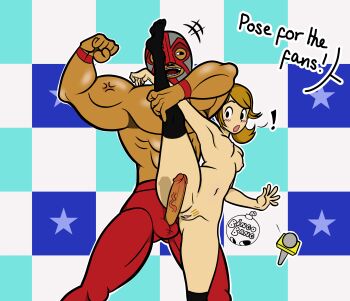 ! 1boy 1girl bingobang black_thighhighs breasts clothed_male_nude_female dark_skin highres humiliation kneehighs leg_lift luchador_mask mask microphone muscular muscular_male no_shoes nude panties penis penis_out ponytail pubic_hair pussy reporter_(rhythm_tengoku) rhythm_tengoku skinny small_areolae small_breasts small_nipples socks sparse_pubic_hair standing surprised thighhighs uncensored underwear veins veiny_penis wrestler