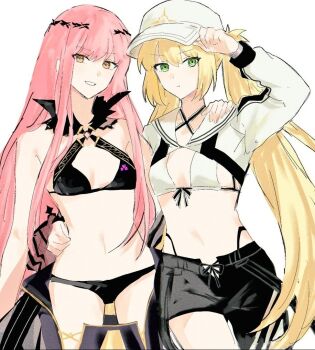 2girls artoria_caster_(fate) artoria_caster_(swimsuit_berserker)_(first_ascension)_(fate) artoria_pendragon_(fate) asymmetrical_clothes bare_shoulders baseball_cap bikini black_bikini black_pants blonde_hair blush breasts circlet cleavage cnoc_na_riabh_(fate) cnoc_na_riabh_(swimsuit_foreigner)_(fate) criss-cross_halter fate/grand_order fate_(series) green_eyes grin halterneck hat leggings long_hair long_sleeves looking_at_viewer medb_(fate) medium_breasts multiple_girls navel nekwnek pants pink_hair shrug_(clothing) sidelocks single_pantsleg small_breasts smile swimsuit thighs twintails white_bikini white_hat white_shrug yellow_eyes