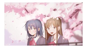 2girls absurdres adachi_sakura adachi_to_shimamura blue_hair bow bowtie brown_eyes brown_hair cherry_blossoms chinese_commentary commentary_request green_eyes grey_jacket haidao_mao hair_between_eyes hair_ornament hairclip highres jacket long_hair medium_hair multiple_girls open_mouth pink_bow pink_bowtie shimamura_hougetsu sidelocks