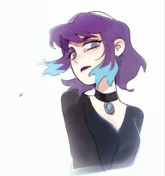 1girl black_choker black_shirt blue_hair breasts choker ear_piercing elisa_douchnov eyeshadow grey_eyes lipstick looking_at_viewer makeup multicolored_hair my_student_spirit piercing purple_eyeshadow purple_hair purple_lips shirt short_hair simple_background sketch solo tearing_up tears two-tone_hair upper_body white_background yy20251111