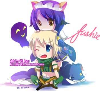 1boy 1girl animal_ears armor head_biting black_wings blonde_hair blue_eyes boots brown_boots brown_eyes cat_ears chibi chibi_only commentary crop_top english_commentary full_body genetic_(ragnarok_online) ghost green_scarf green_shirt green_shorts head_wings lowres maid_headdress one_eye_closed open_mouth pauldrons pkyu ragnarok_online ranger_(ragnarok_online) scarf shirt short_hair shorts shoulder_armor sitting transparent_background wings wolf