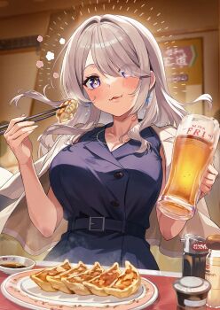1girl alcohol beer belt black_dress blush breasts chopsticks cleavage collarbone commentary_request dress dumpling earrings eating food grey_hair hair_over_one_eye highres holding holding_chopsticks indoors jacket jewelry jiaozi large_breasts long_hair looking_at_viewer monoto office_lady original purple_eyes sidelocks sleeveless sleeveless_dress solo star-shaped_pupils star_(symbol) symbol-shaped_pupils table white_jacket