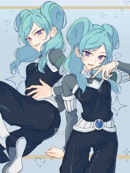 Rule 34 | 1girl, 7subi, absurdres, aqua hair, belt, beta (inazuma eleven), black pants, black shoes, black vest, blue background, bodysuit, breasts, commentary, double bun, finger to own chin, grey bodysuit, hair bun, hand on own hip, heart, highres, inazuma eleven (series), inazuma eleven go, inazuma eleven go chrono stone, light blush, medium breasts, multiple views, no pupils, pants, purple eyes, shoes, smile, sparkle, vest, white belt