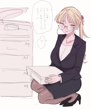 1girl alternate_costume black_jacket black_shoes black_skirt blonde_hair breasts brown_pantyhose choppy_bangs commentary_request drawer eurasia_(wtp09ptw14) full_body glasses green_eyes high_heels highres holding holding_paper jacket large_breasts long_hair long_sleeves looking_at_viewer office_lady open_mouth original pantyhose paper paper_stack shoes simple_background sketch skirt smile solo speech_bubble squatting talking translation_request troja_von_richtofen_(eurasia) unfinished white_background
