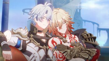 2boys 3d antenna_hair arm_tattoo armlet armor black_choker black_coat black_shirt blonde_hair blue_eyes blue_sky blush braid chest_tattoo choker clawed_gauntlets coat commentary crossed_arms earrings english_commentary facial_tattoo gold_earrings gold_necklace gradient_hair highres honkai:_star_rail honkai_(series) jewelry male_focus medium_hair multicolored_hair multiple_boys mydei_(honkai:_star_rail) necklace open_clothes open_coat parted_bangs pauldrons phainon_(honkai:_star_rail) red_hair red_tattoo shinshogun shirt short_hair shoulder_armor side_braid single_pauldron sky sleeping sleeping_on_person sleeping_upright tattoo white_coat white_hair yaoi yellow_eyes