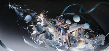 Rule 34 | 3girls, absurdres, ambience synesthesia, amiya (arknights), amiya (guard) (arknights), amiya (guard) (in a myriad of universes) (arknights), amiya (guard) (touch the stars) (arknights), amiya (medic) (arknights), amiya (medic) (solo around the world) (arknights), animal ears, animal hood, arknights, asymmetrical legwear, black boots, black shoes, black skirt, black thighhighs, blue eyes, blue ribbon, boots, bow (music), braid, brown hair, clothing cutout, commentary request, diamond cutout, dress, flower, hat, high-low dress, highres, holding, holding bow (music), holding sword, holding weapon, hood, hood up, instrument, jewelry, kuilaogouhuabudongle, long hair, mismatched legwear, multiple girls, multiple persona, multiple rings, music, official alternate costume, pants, planet, playing instrument, rabbit ears, rabbit girl, rabbit hood, ribbon, ring, shoes, simple bird, single armored boot, single vambrace, skirt, sneakers, space, star (sky), sword, telekinesis, thigh boots, thighhighs, vambraces, very long hair, violin, weapon, white boots, white flower, white pants, white shoes, witch hat