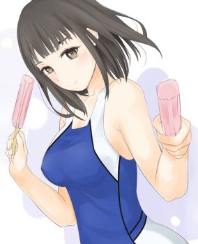 1girl bare_arms bare_shoulders black_hair blue_one-piece_swimsuit breasts brown_eyes closed_mouth collarbone commentary food hands_up head_tilt holding holding_food holding_popsicle incoming_food large_breasts light_blush looking_at_viewer medium_hair one-piece_swimsuit popsicle shin_(highest1192) smile solo swimsuit takitsubo_rikou toaru_majutsu_no_index two-tone_one-piece_swimsuit upper_body white_background white_one-piece_swimsuit