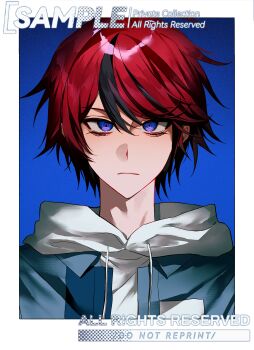 1boy absurdres black_hair blue_background blue_eyes border chinese_commentary closed_mouth commentary_request drawstring hair_between_eyes highres hood hood_down hoodie jacket jacket_over_hoodie looking_at_viewer male_focus multicolored_hair open_clothes open_jacket portrait red_hair sample_watermark sanpaku shizong_renkou short_hair solo streaked_hair sumino_takumi the_hundred_line_-last_defense_academy- two-tone_hair variant_set watermark white_border white_hoodie