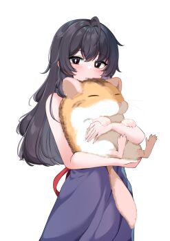 1girl absurdres animal animal_hug bare_arms bare_shoulders black_eyes black_hair blush closed_mouth commentary_request copyright_request dress hamster highres long_hair looking_at_viewer moyoron oversized_animal purple_dress simple_background solo very_long_hair white_background