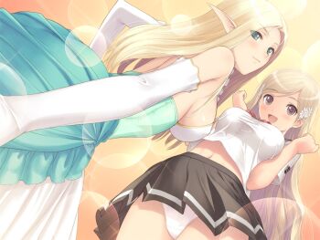 00s 2girls bare_shoulders blonde_hair blush breasts brown_eyes date_wingfield_reiko dress elbow_gloves fault!! game_cg gloves green_eyes happy hayama_rika large_breasts long_hair looking_at_viewer multiple_girls open_mouth panties pointy_ears school_uniform simple_background skirt smile standing tony_taka underwear white_gloves