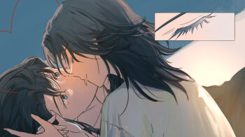 2girls black_hair blue_eyes closed_eyes closed_mouth commentary english_commentary highres kiss long_hair multiple_girls original ossan_jololol parted_lips s_line_(kkomabi) shirt smile waking_up white_shirt yuri