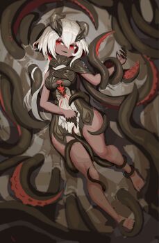 1girl absurdres afloat artist_name black_bodysuit black_skin bodysuit breasts chinese_commentary claws colored_skin commentary_request cross-shaped_pupils dark-skinned_female dark_skin duet_night_abyss full_body highres hushou896792 looking_to_the_side lying medium_breasts mud multicolored_bodysuit on_back red_eyes red_skin sharp_teeth signature smirk solo swimming symbol-shaped_pupils tabethe_(duet_night_abyss) teeth tentacle_hair tentacles white_bodysuit white_hair