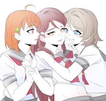 3girls absurdres achin_(putsi_2025) blue_eyes blush clothes_lift commentary covering_another's_mouth ear_blush girl_sandwich grey_hair grey_sailor_collar highres love_live! love_live!_sunshine!! medium_hair midriff multiple_girls neckerchief open_mouth orange_hair pink_eyes red_hair red_neckerchief sailor_collar sakurauchi_riko sandwiched school_uniform serafuku shirt shirt_lift simple_background smile takami_chika uranohoshi_school_uniform watanabe_you white_background white_shirt yellow_eyes yuri