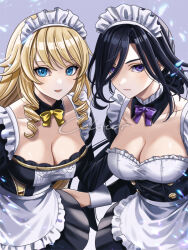 Rule 34 | 2girls, alternate costume, apron, artist name, black dress, blonde hair, blue eyes, blue hair, bow, bowtie, breasts, celsior, cleavage, clorinde (genshin impact), closed mouth, commentary request, dark blue hair, detached collar, dress, drill hair, frilled apron, frills, genshin impact, hair over one eye, large breasts, long hair, looking at viewer, maid, maid apron, maid headdress, multiple girls, navia (genshin impact), necktie, open mouth, purple bow, purple bowtie, purple eyes, twin drills, waist apron, white apron, wrist cuffs, yellow necktie