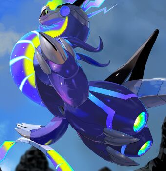 absurdres blue_sky day flying highres jet_engine mechanization midair miraidon nintendo no_humans non-humanoid_robot outdoors pokemon pokemon_(creature) robot science_fiction sky yunimaru