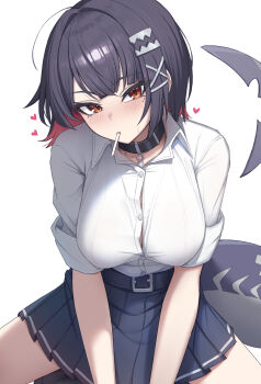 1girl absurdres black_collar black_hair black_skirt blush breasts brown_eyes button_gap collar colored_inner_hair ellen_joe ellen_joe_(on_campus) fins fish_tail highres icetea_art large_breasts lollipop_in_mouth mole mole_under_eye multicolored_hair official_alternate_costume pleated_skirt red_hair school_uniform shark_girl shark_tail shirt short_hair skirt solo tail thighs two-tone_hair white_shirt zenless_zone_zero