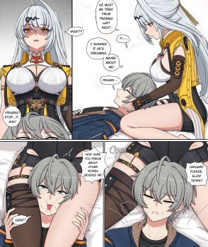 1boy 1girl absurdres ahoge angry asymmetrical_legwear black_gloves breasts cleavage cleavage_cutout clothing_cutout collarbone commentary english_text fingerless_gloves gloves green_eyes grey_hair hair_between_eyes hair_ornament happy_aura highres jacket jealous lap_pillow large_breasts long_hair na_(naneesan1) open_mouth orange_eyes shaded_face short_hair speech_bubble sweat thick_thighs thigh_gap thighs tight_clothes wise_(zenless_zone_zero) yixuan_(zenless_zone_zero) zenless_zone_zero