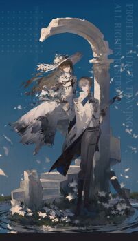 Rule 34 | 1boy, 1girl, absurdres, blue sky, boots, brown gloves, brown hair, closed mouth, commission, couple, day, dress, flower, gem, gloves, hat, hat flower, hat ornament, hetero, highres, ike eveland, large hat, lily (flower), long hair, long sleeves, looking at another, mihuashi commission, nijisanji, nijisanji en, oc x canon, original, shen a fang, shoes, sitting, sky, smile, stairs, standing, sunlight, virtual youtuber, watermark, white dress, white flower, white shoes, yellow gem