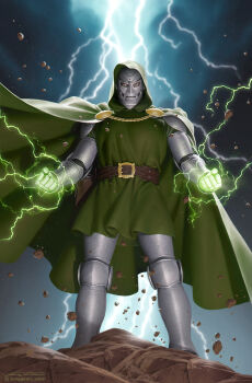 Rule 34 | 1boy, armor, cape, doctor doom, extendable limbs, fantastic four, full armor, gloves, green aura, green cape, green hood, green tunic, grey armor, helmet, highres, hood, hooded cape, male focus, marvel, mask, metal mask, official art, power armor, solo, tunic, yoon junggeun