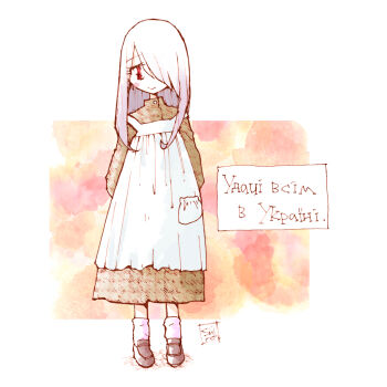 Rule 34 | alternate costume, apron, arms behind back, artist name, bloom, blush, brown dress, commentary, commentary request, dress, hair over one eye, head tilt, language request, little witch academia, millipen (medium), pale skin, pen (medium), pinafore dress, red eyes, shiro0909, sleeveless, sleeveless dress, sucy manbavaran, traditional media, translation request, trigger (company)