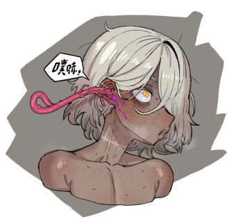 Rule 34 | 1girl, blush, body freckles, chinese text, commentary, dark-skinned female, dark skin, ear insertion, ebonyxh, english commentary, eyes visible through hair, eylin eyla (ebonyxh), freckles, grey background, hair over one eye, highres, messy hair, open mouth, original, ringed eyes, scar, scar on neck, short hair, simple background, solo, speech bubble, steaming body, sweat, tentacles, translation request, very sweaty, white background, white hair, yellow eyes