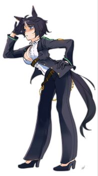 Rule 34 | 1girl, ahoge, animal ears, belt, black gloves, black hair, black jacket, black necktie, black pants, breasts, brown belt, center frills, center opening, collared shirt, ear ornament, ear piercing, frilled shirt, frills, fuji kiseki (shooting star revue) (umamusume), fuji kiseki (umamusume), gloves, highres, horse ears, horse girl, horse tail, jacket, long sleeves, lucaestar, multicolored hair, necktie, no bra, no socks, pants, partially unbuttoned, piercing, shirt, short hair, solo, tail, umamusume, underbust, white shirt