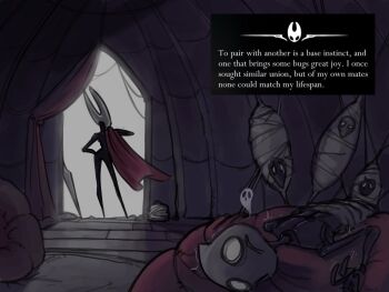 1girl aftersex arthropod_boy arthropod_girl cloak cocoon curtains cushion game_screenshot_inset giving_up_the_ghost highres hollow_knight hollow_knight:_silksong hornet_(hollow_knight) hut kaiarts mask multiple_boys rug signature silk spider_web spool string twitching wooden_floor