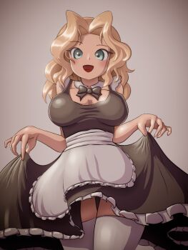 1girl apron birthday black_bow black_bowtie black_dress blonde_hair blue_eyes blush bow bowtie breasts cleavage clothes_lift collarbone detached_collar dress dress_lift girls_und_panzer grey_background happy_birthday kay_(girls_und_panzer) large_breasts long_hair looking_at_viewer maid maid_apron open_mouth sleeveless sleeveless_dress smile soandnb standing thighhighs white_apron white_thighhighs
