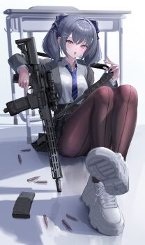 1girl absurdres ammunition ar-15 black_skirt blazer blue_nails blue_necktie blush breasts brown_pantyhose collar collared_shirt commentary_request cross_hair_ornament ear_piercing full_body grey_hair gun gun_sling hair_between_eyes hair_ornament hair_ribbon highres holding holding_weapon jacket legs long_hair magazine_(weapon) magpul muzzle_device nail_polish necktie open_mouth optical_sight original pantyhose piercing pink_eyes pleated_skirt revision ribbon rifle shadow shirt shoes sitting skirt small_breasts sneakers solo sthk table thighs tongue tongue_out twintails weapon white_background white_collar white_shirt white_shoes